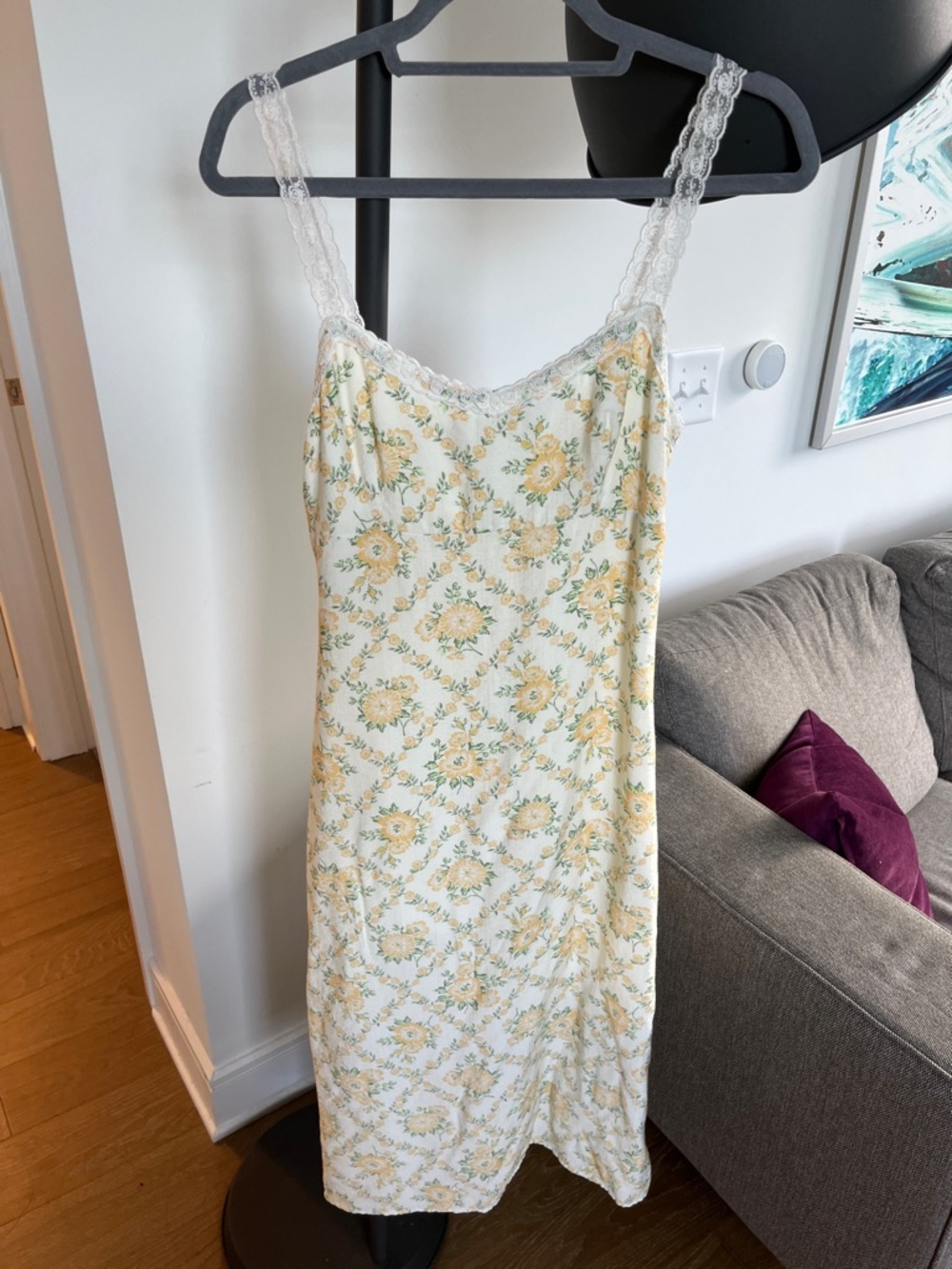 LIKE NEW Le Lis Floral Lace-Trim Maxi Slip Dress in White and Yellow (Small)